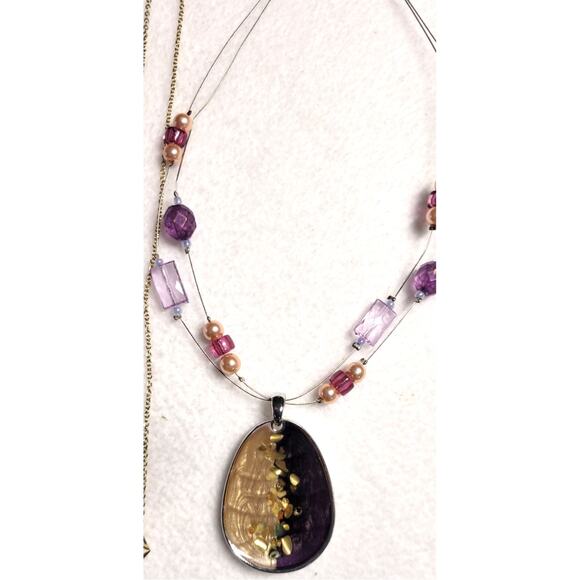 3 Pc Y2K Necklace Lot Fused Glass Caged Crystal Illusion Mixed Pendants 16"-20" - Picture 4 of 5